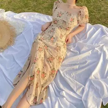 1 шт. мягкое кружевное платье с цветочным принтом из полиэстера с квадратным вырезом и воротником, длинное платье с пышными рукавами и высоким разрезом
