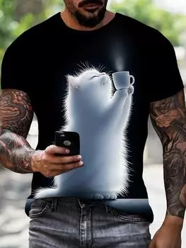 1 шт. Мужская новинка, милая футболка с принтом 3D-кота, повседневный топ с круглым вырезом и коротким рукавом S