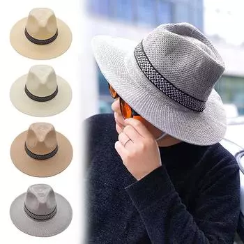 1 шт. Мужская универсальная легкая шляпа от солнца с большими полями, удобная, анти-УФ-излучением, дышащая, панама, повседневная, соломенная белый