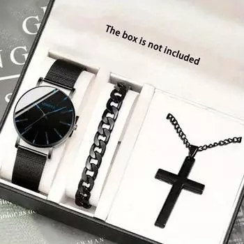 1 шт. Мужские модные кварцевые наручные часы, 1 шт. Браслет, 1 шт. Ожерелье с подвеской в виде креста, мужские деловые ультратонкие черные сетчатые часы с ремешком