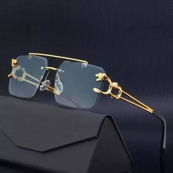 1 шт. Мужские солнцезащитные очки без оправы в металлической оправе с изображением головы леопарда, винтажные солнцезащитные очки для женщин, мужские солнцезащитные очки чёрный