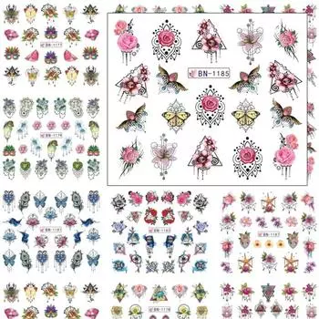 1 шт., наклейки для дизайна ногтей с водой, ожерелье с цветком, переводные наклейки для воды, слайдеры-бабочки для украшения ногтей, BN1177-BN1188