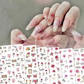 1 шт., наклейки для ногтей с розами, самоклеящиеся наклейки с английскими буквами, дизайн, красочные украшения для дизайна ногтей, наклейки