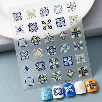 1 шт., наклейки для ногтей с тиснением и цветком, украшения для ногтей в этническом стиле, 5D наклейки для дизайна ногтей, аксессуары для ногтей «сделай сам» TS-058