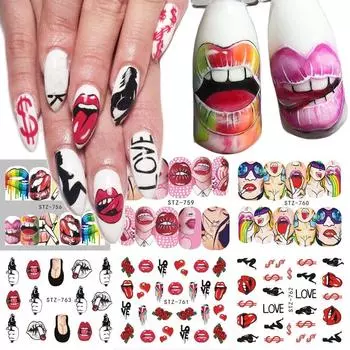 1 шт., наклейки для ногтей, сексуальные губы, крутая девушка, водные наклейки, обертывания, слайдеры с героями мультфильмов для украшения ногтей STZ756