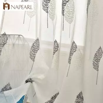 1 шт. NAPEARL 10%-20% затенение, белая прозрачная цветочная вышивка, серые листья, прозрачная тюлевая занавеска из вуали для гостиной, спальни W100cm x L200cm белый