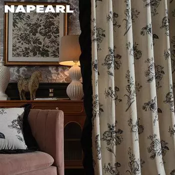 1 шт. NAPEARL 70% затемняющие французские ретро шторы с принтом роз для спальни, гостиной, домашнего декора No ruffled edge-100x200cm чёрный