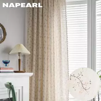 1 шт. NAPEARL, бежевый, хлопковый, льняной, тюль, занавеска с цветочным узором, 40% затенение, оконные шторы для гостиной, спальни, декор для балкона W150cm x L60cm
