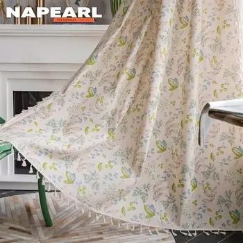 1 шт. NAPEARL, хлопковые и льняные бежевые полузатемняющие шторы с принтом и кисточками для маленьких окон, балкона, домашний декор W150cm x L60cm бежевый