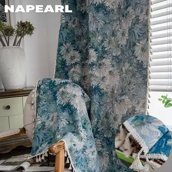 1 шт., NAPEARL, синий подсолнечник, хлопково-льняная занавеска с принтом, 40-50%, современные оконные шторы с кисточками для декора гостиной, спальни W150cm x L60cm синий
