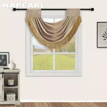 1 шт. NAPEARL, сплошной цвет, выдолбленная водная волна, бархатная тканевая занавеска с кружевной кисточкой, короткая занавеска для декора небольшого окна 70x42 см W70cm x L42cm бежевый
