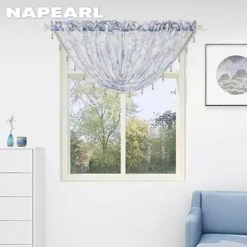 1 шт. NAPEARL Свежий и универсальный пасторальный стиль, белый фон, балдахин с принтом, дизайн, декоративная занавеска для окна, тюлевая занавеска W145cm x L90cm синий