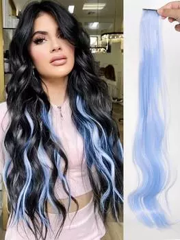 1 шт. Наращивание волос на клипсе 22 дюйма Невидимые на клипсе Красочные синтетические длинные волнистые наращивание волос Основные моменты для вечеринок Для женщин Повседневное использование 22INCH