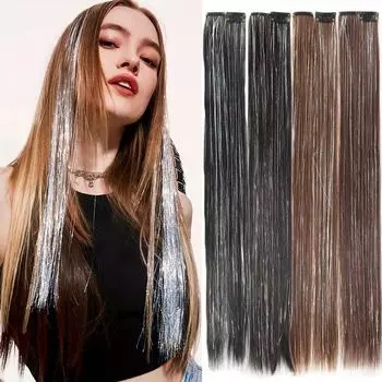 1 шт., наращивание волос на клипсе с мишурой, невидимые прямые блестящие синтетические волосы с мишурой на клипсах, наращивание волос для женщин, аксессуар для волос для повседневного использования для вечеринок 24INCH