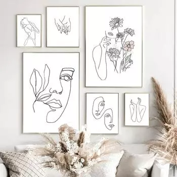 1 шт. настенное украшение постер спальня декор для комнаты абстрактные простые украшения для дома линии лицо холст картины постеры картинки без рамки 21*30cm No Frame