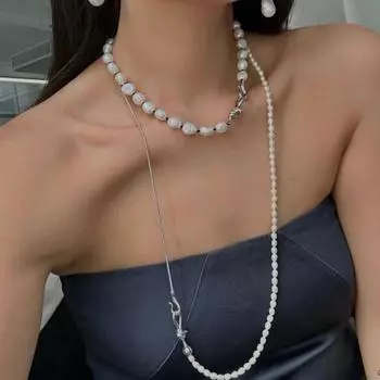 1 шт. Натуральное гетеросексуальное жемчужное ожерелье для женщин, веревка, узел, пряжка, нишевый дизайн, ретро, медь, посеребренная, высокий замок, длинное ожерелье