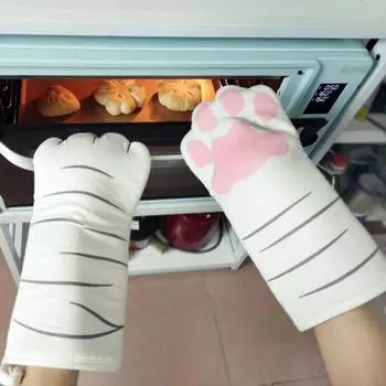 1 шт. Нескользящие кухонные перчатки с лапками кота из мультфильма, длинные хлопковые перчатки для выпечки, термостойкие для микроволновой печи