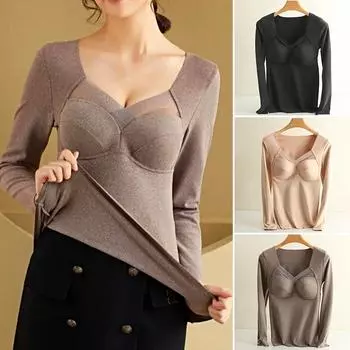 1 шт. нижний слой мэм без бюстгальтера бесшовный топ плюшевый мех теплый топ с длинными рукавами футболка холодостойкая XXL хаки