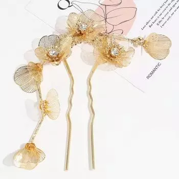 1 шт. Новая китайская, Золотая, Цветок, Кисточка, Заколка для волос, U-образная, Стразы, Китайский стиль, Премиальное ощущение, Супер фея, Заколка для волос, Тем