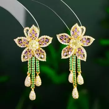 1 шт. Новые фиолетовые серьги-цветы, летняя мода, универсальные серьги из циркония, длинные, банкетные, легкие, роскошные серьги для женщин фиолетовый