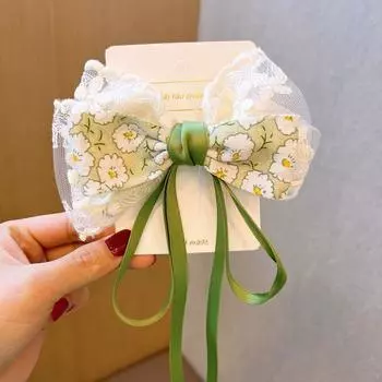 1 шт. новые летние милые заколки для волос с лентой для детей, корейские кружева, большой галстук, банты, заколки для волос с цветами, зеленые аксессуары для волос для девочек