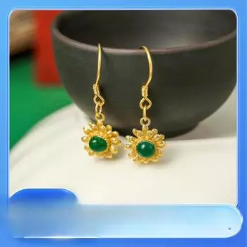 1 шт. Новые серьги-крючки в виде подсолнуха в китайском стиле с инкрустацией из жадеита и оригинальным дизайном в стиле ретро