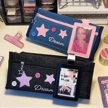 1 шт. Новый американский ретро-джинсовый пенал со звездами, многослойный, милый чехол для канцелярских принадлежностей для девочек со съемной 3-дюймовой сумкой из ПУ для фотокарт