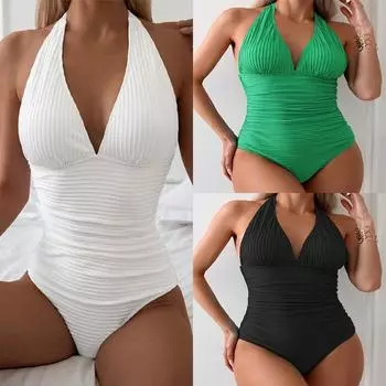 1 шт., новый однотонный консервативный цельный купальник, женский спа-пляжное бикини S чёрный