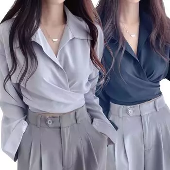 1 шт., облегающая, с длинным рукавом, женская офисная, корейская, короткая рубашка, блузка, топы, полиэстер, рабочая блузка M светло-синий
