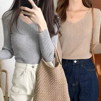 1 шт. обтягивающий длинный рукав женский осенне-зимний трикотажный топ свитер пуловер с V-образным вырезом полиэстер