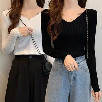 1 шт. обтягивающий длинный рукав женский осенне-зимний трикотажный топ свитер пуловер с V-образным вырезом полиэстер