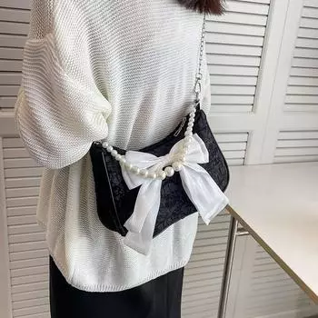 1 шт. однотонная сумка через плечо, модная сумка-мессенджер с жемчужной цепочкой и бантом в виде полумесяца
