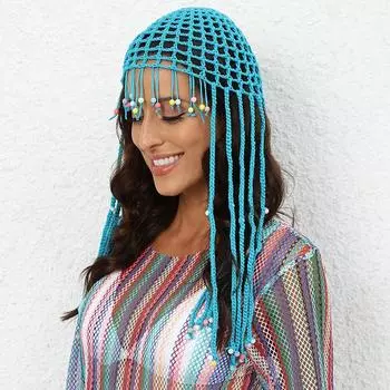 1 шт. однотонная вязаная шапка в стиле бохо, модный ажурный пуловер, головной убор с бусинами и кисточками, ручная работа, вязаная крючком шапка-бини