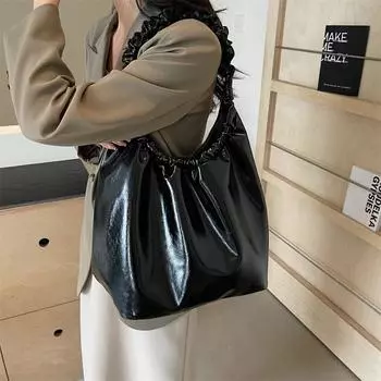 1 шт. однотонная женская сумка через плечо, модная плиссированная портативная сумка-ведро большой емкости для работы и поездок на работу