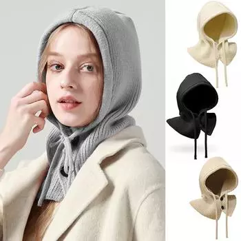 1 шт. однотонный вязаный капюшон с интегрированным шарфом-шапкой для улицы бежевый