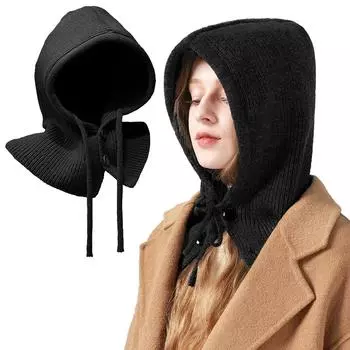 1 шт. однотонный вязаный капюшон с интегрированным шарфом-шапкой для улицы чёрный