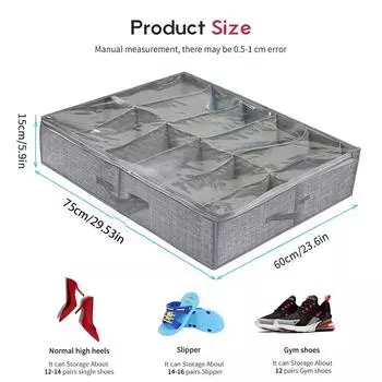 1 шт. Органайзер для хранения обуви под кроватью, вмещает от 12 до 16 пар обуви, с прозрачным окном, дышащий, складной светло-серый