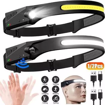 1 шт. перезаряжаемый налобный фонарь, светодиодный налобный фонарь с широким лучом 230° и датчиком движения, яркая фара, водонепроницаемый налобный фонарь, фонарик чёрный