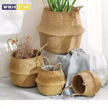 1 шт. плетеная корзина из морских водорослей в скандинавском стиле для домашнего хранения - идеально подходит для грязной одежды, растений и всякой всячины - подвесная декоративная корзина 32x28x25.4cm