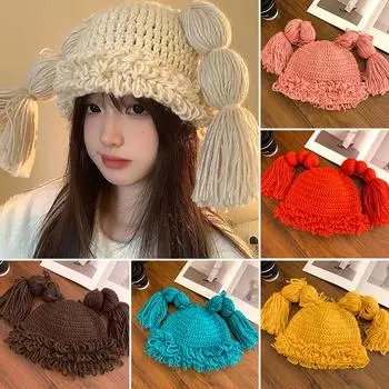 1 шт. плетеные волосы теплый милый парик шерстяная шапка вязаная шапка-ушанка индивидуальность насыщенные цвета двойная коса розовый