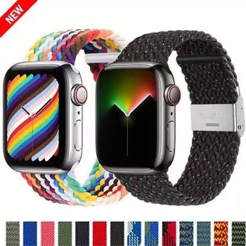 1 шт. плетеный нейлоновый соло-петля, регулируемый для Apple Watch Ultra Band 49, 45, 44, 41, 40, 38 мм, эластичный браслет для iWatch Series 9, 8 Se, 7, 6, 5, 4, 3, 2, 1, ремешок 38mm 40mm 41mm синий/красный