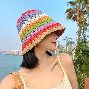 1 шт. Пляжная солнцезащитная панама, шляпа-ведро, стильная кепка от солнца, соломенный головной убор, защита от солнца, радужная ручная работа, вязание крючком