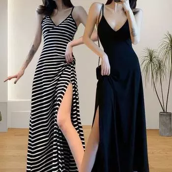 1 шт., пляжное платье на тонких бретельках, платье-футляр из полиэстера, облегающее платье, сексуальное летнее платье в полоску XL