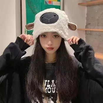 1 шт. плюшевая утолщенная теплая шапка-пуловер из овечьей шерсти Y2K для женщин и девочек зимняя милая шапка с милыми ушками маленькая овечья шапка хаки