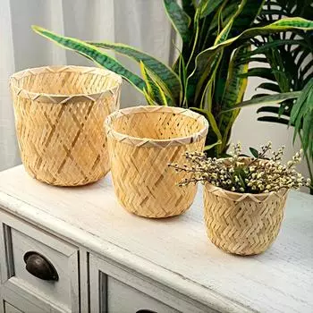 1 шт. Подарочная упаковка, современная цилиндрическая простота, ведро, подарочная упаковка, цветочная корзина, плетеная бамбуковая корзина для хранения 15*14cm