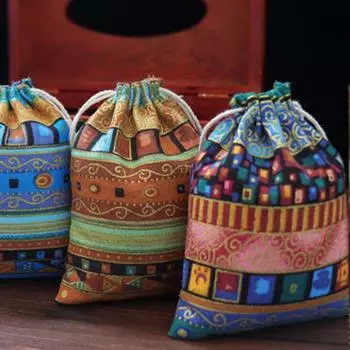 1 шт. Подарочные пакеты для украшений Цветной лен Племенной Племенной Льняной Бантик Сумки на шнурке Мешочки