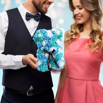 1 шт., подарок на день рождения в День святого Валентина, искусственный медведь из роз, 25 см, плюшевый медведь из роз на свадьбу, День матери и годовщину, включая прозрачную подарочную коробку синий