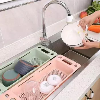 1 шт. Подставка для посуды Многофункциональная выдвижная корзина для мытья и сушки продуктов Выдвижная и регулируемая корзина для мытья овощей розовый
