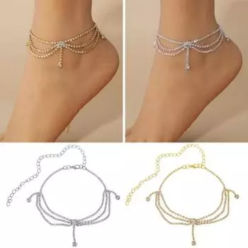 1 шт., подвеска на ножной браслет, кисточка, инкрустация стразами, многослойная удлиненная цепочка, регулируемая отделка, антикоррозийная серебряный