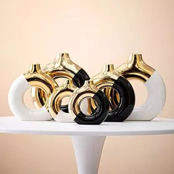 1 шт. Полая ваза для цветов, скандинавский круглый цветочный горшок, интерьерный офисный настольный декор, подарок, керамическая ваза, современный художественный декор SML S золотой/белый